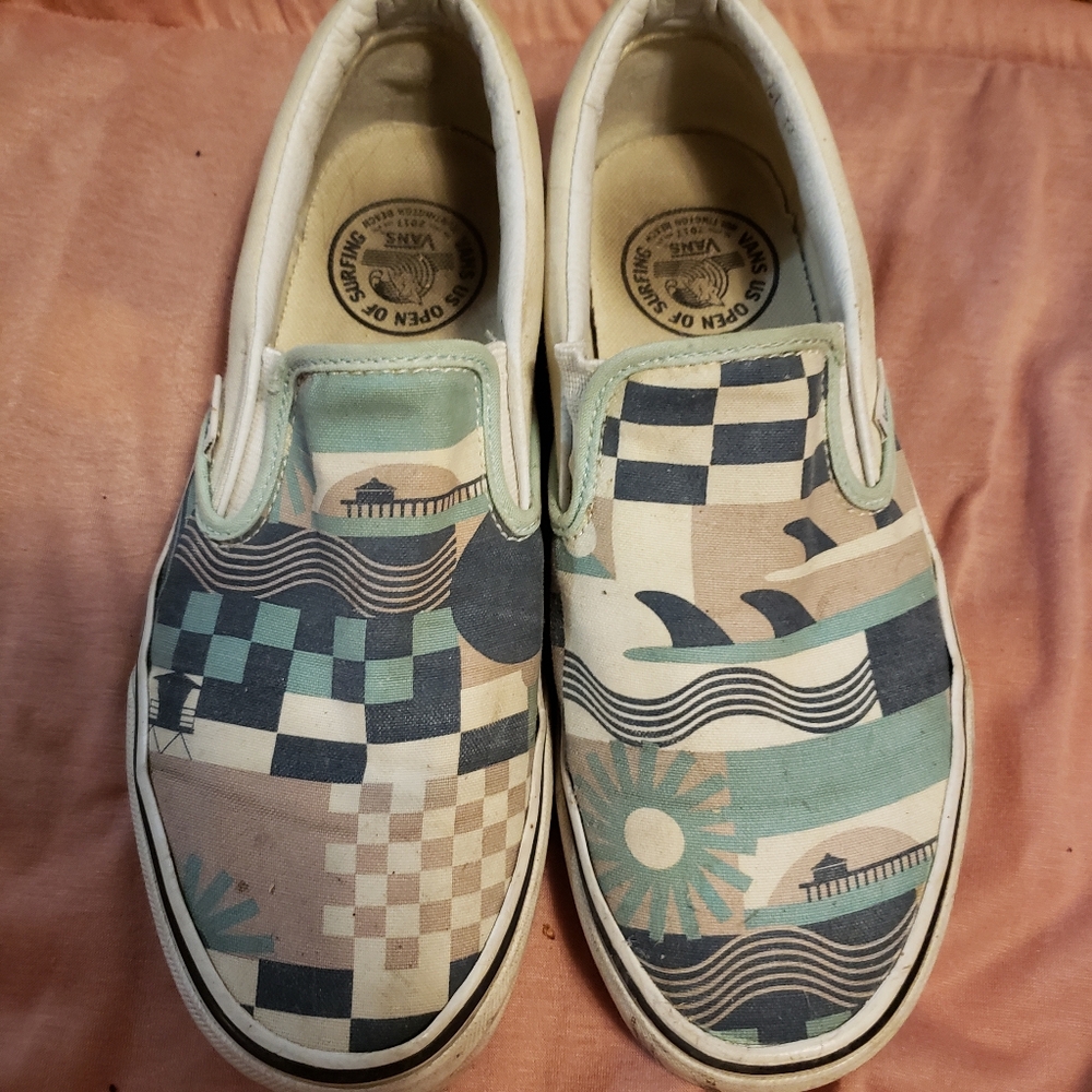 Rare Vans US Open Of Surfing Women's 8.5 Blue Check Surf Style Slip-on Men's 7